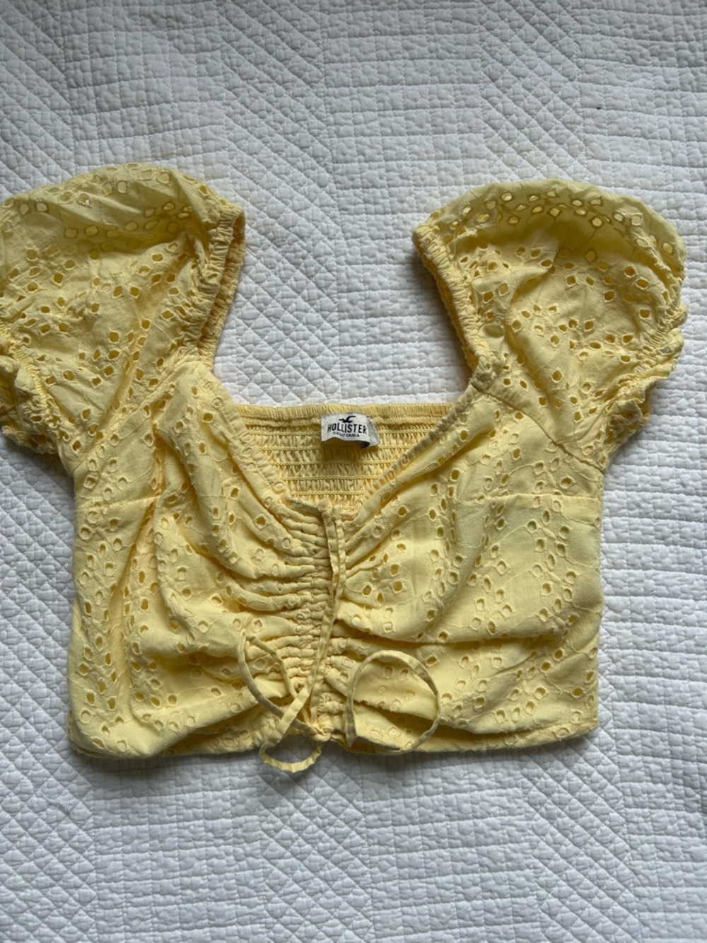Hollister Sunny Yellow Eyelet Ruched Tie-Front Crop Top